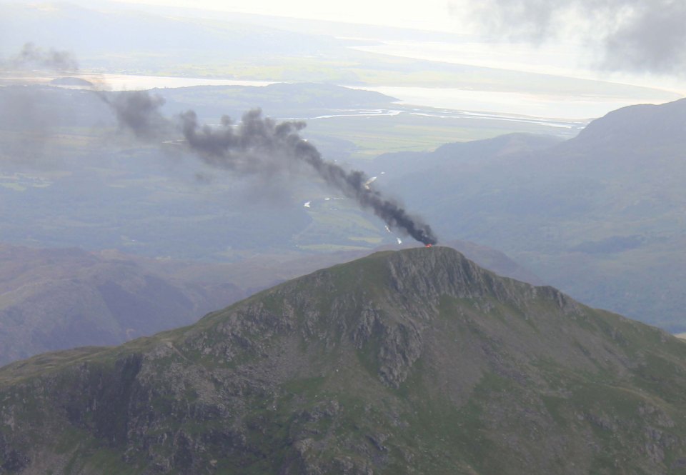 Ten foot flames and thick black smoke were seen for miles around after the drama in Snowdonia today