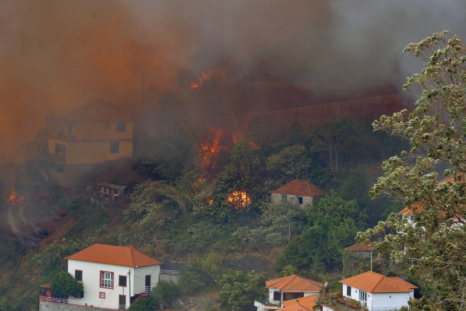 Desperate residents have been seen trying to defend their homes from the inferno using garden hoses and buckets of water