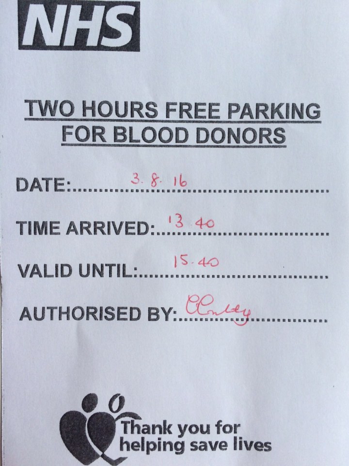 This ticket was clearly displayed on Mrs Scotts car when she was giving blood 