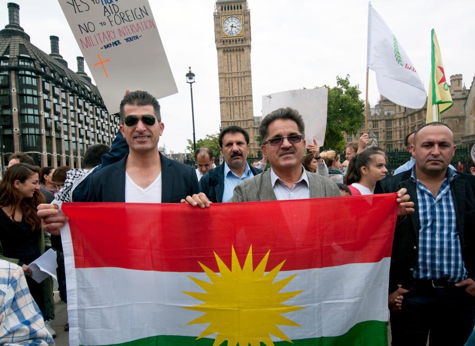 Protest in Parliament Square London against ISIS / Islamic State massacres Kurds in Iraq and Syria Sept 20 2014