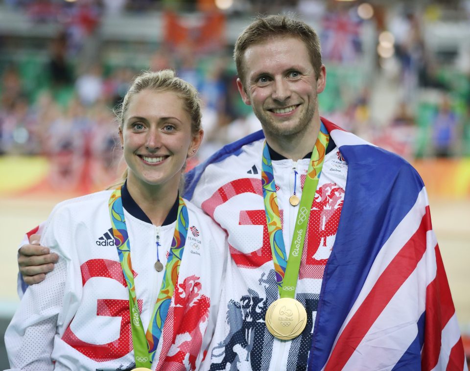 ason kenny and Laura Trott of Great Britain pose with their Gold medals at Rio Olympic Velodrome