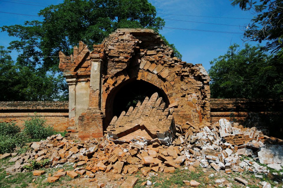 The entrance of a collapsed pagoda after an earthquake struck on Wednesday 