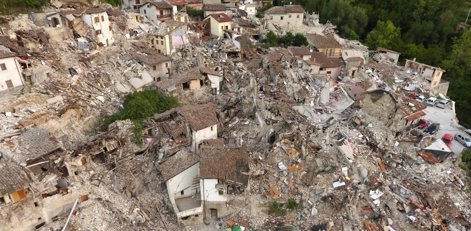 A drone photo shows the damages following an earthquake in Pescara del Tronto, central Italy