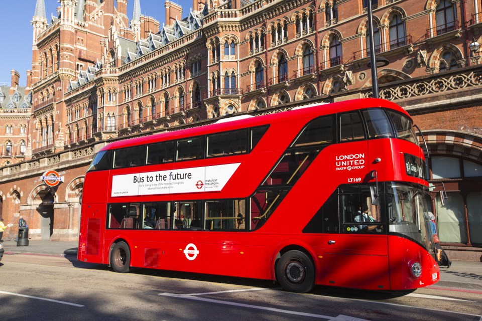 An ultra modern hybrid routemaster bus by St Pancras station in London, UK.