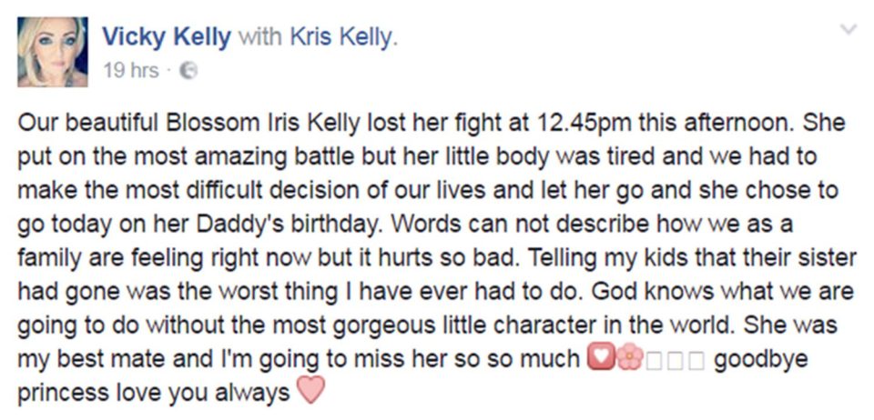Her mother Vicky posted this heartbreaking message on Facebook