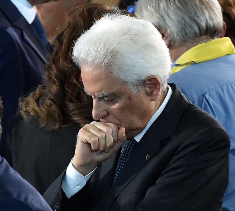 President Sergio Mattarella looked emotional at the tearful service which he attended after thanking rescue workers in devastated Amatrice