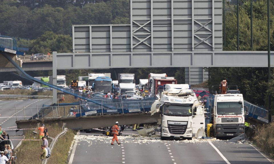 Carnage on the motorway as a two lorries smashed into a bridge