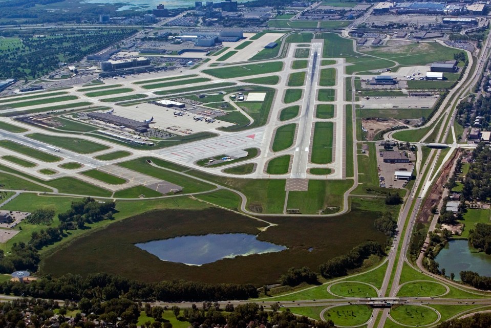 aerial view above Minneapolis Saint Paul Wold Chamberlain international airport KMSP