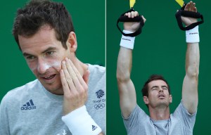 Andy Murray slaps on the sunscreen to combat blazing Brazilian sun as he works up a sweat