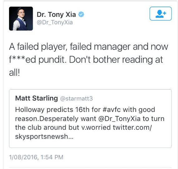 Villa chief Xia's blast for Holloway which he later deleted
