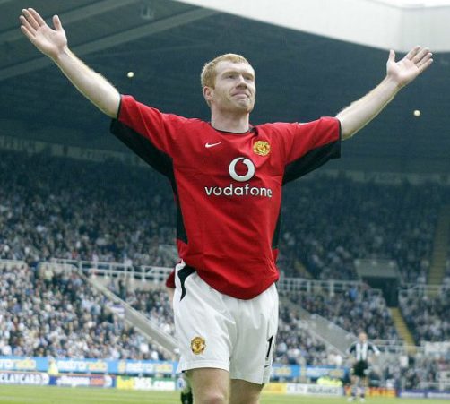 Manchester United's Paul Scholes celebrates his hat-trick goal against Newcastle United during their FA Barclaycard Premiership match at Newcastle's St James' Park Saturday April 12 2003. Manchester United defeated Newcastle United 6-2. PA Photo: Owen Humphreys