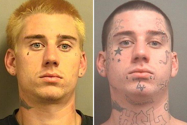 He added a teardrop and bleached his hair in 2013 (left) before adding multiple inkined later for his next one (right)