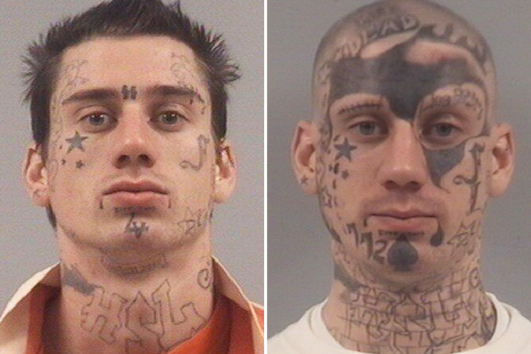 In 2013, Hardister added artwork including a star under his right eye and lettering on his neck, left cheek and chin (left) and by the end of 2014, thick black ink started appearing on his forhead (right)