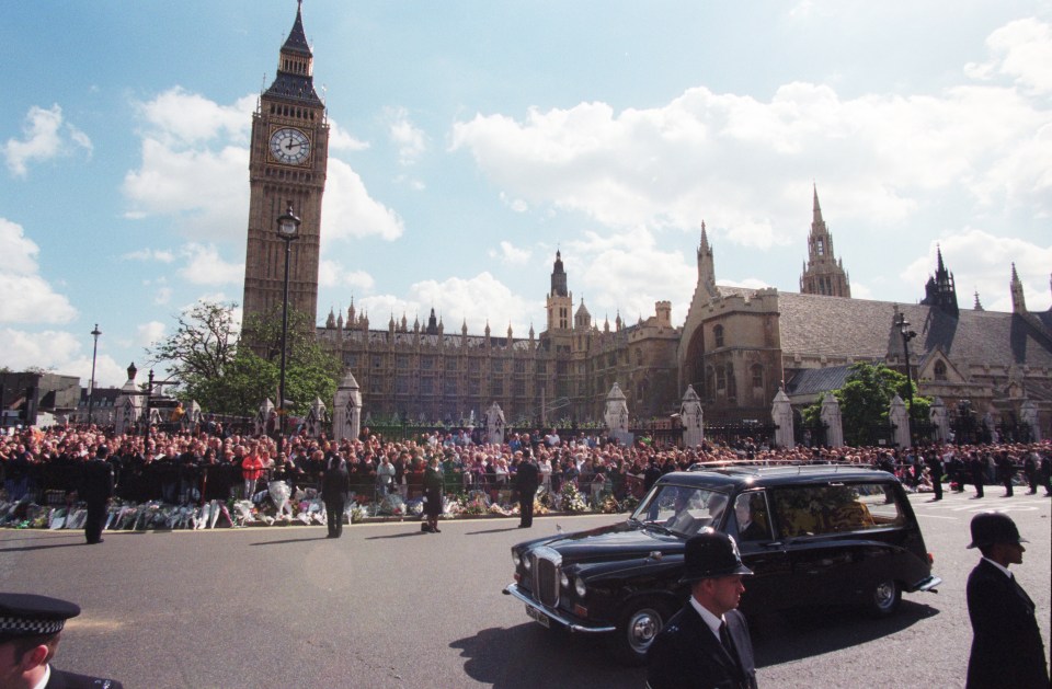 Crowds lined the streets to pay their respects at the funeral of Princess Diana in 1997
