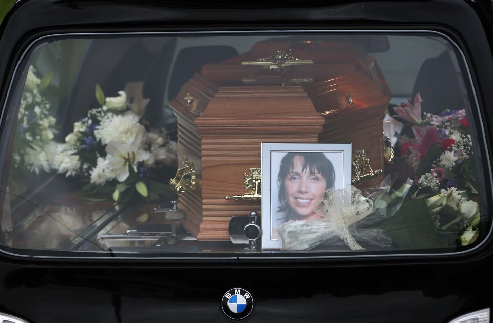 The coffin of mum Clodagh Hawe are carried into the church today