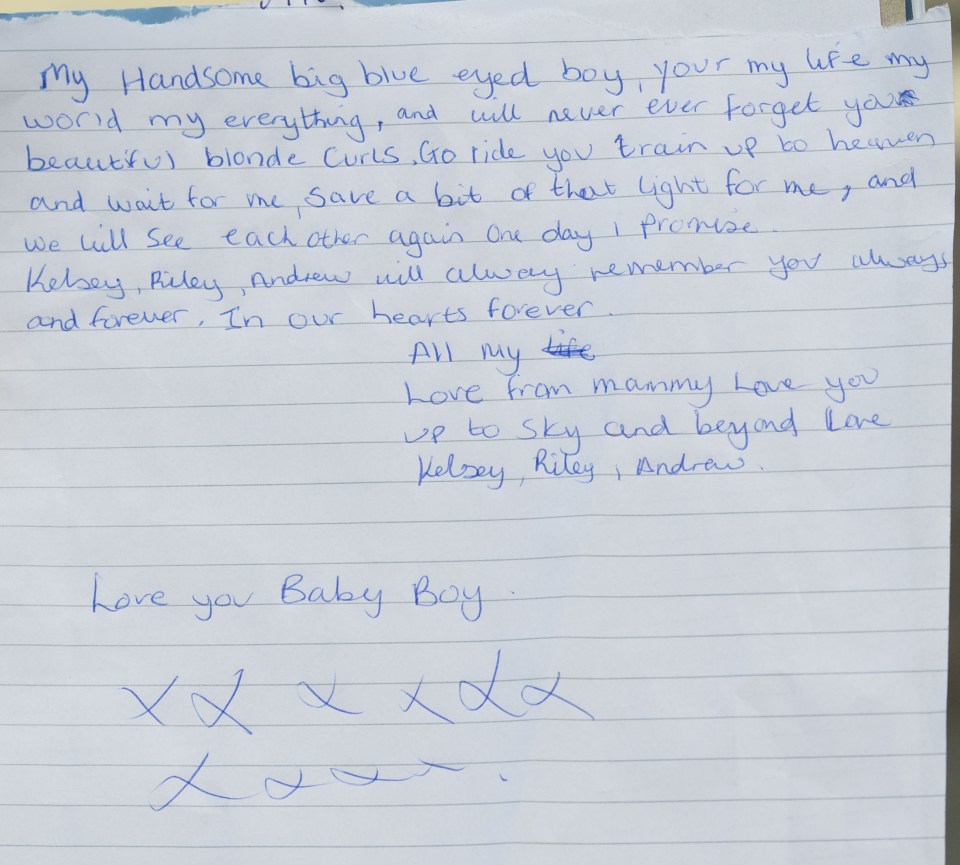 The mum-of-four left a heartbreaking note to her dead son outside the house after the blaze