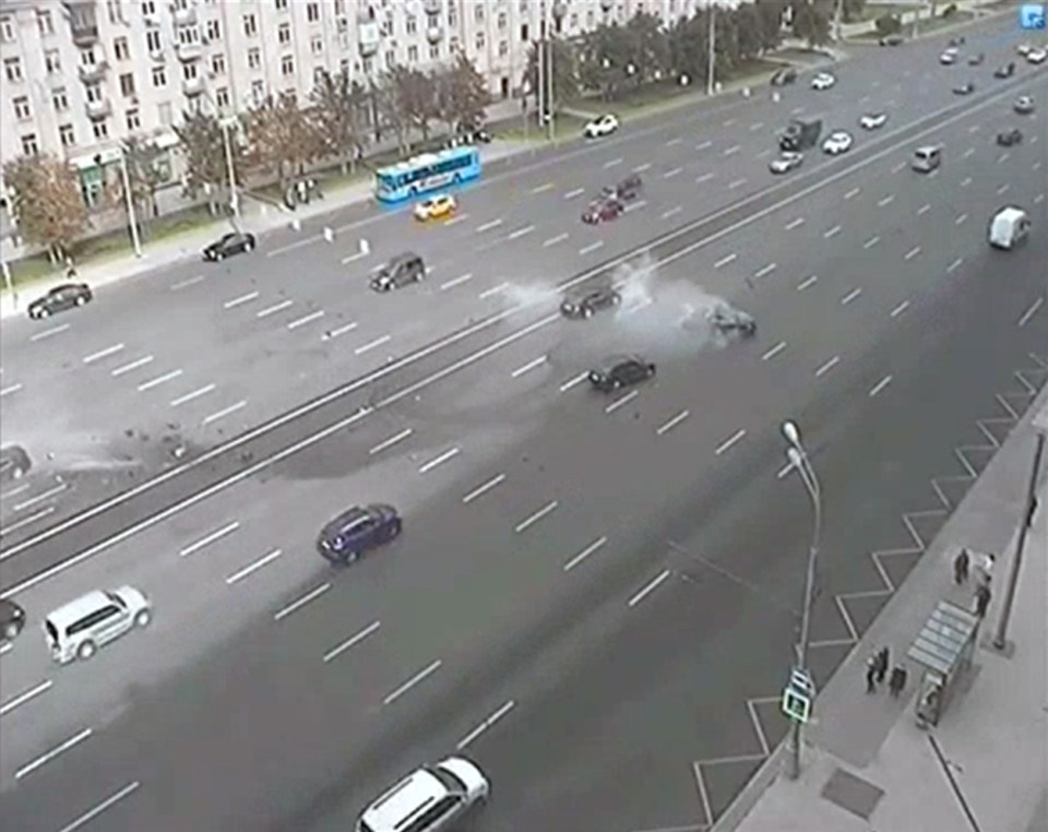 A Mercedes could be seen veering from the other side of the road before smashing into Putin's BMW