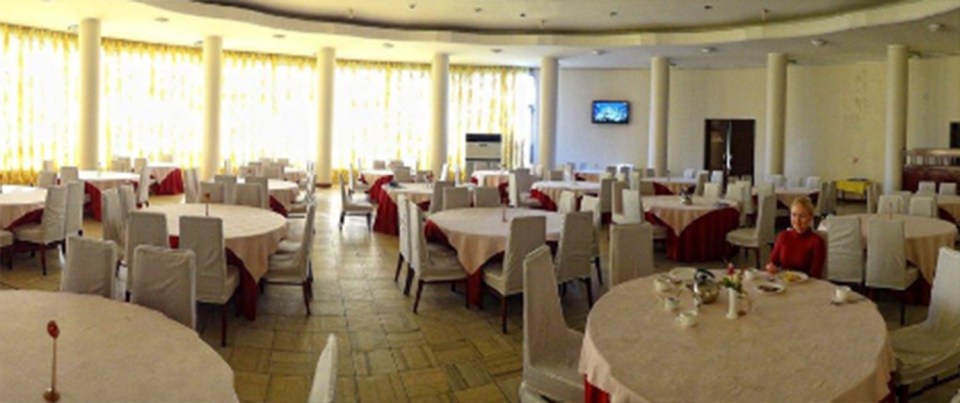 The hotel dining hall features only the bare basics