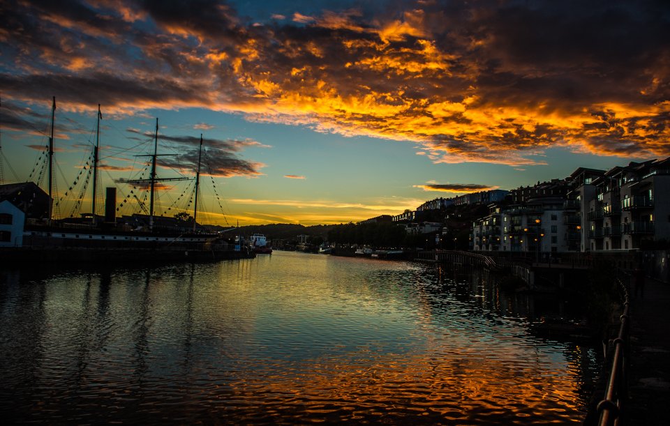 A stunning sunset falls over the SS Great Britain in Bristol Harbourside