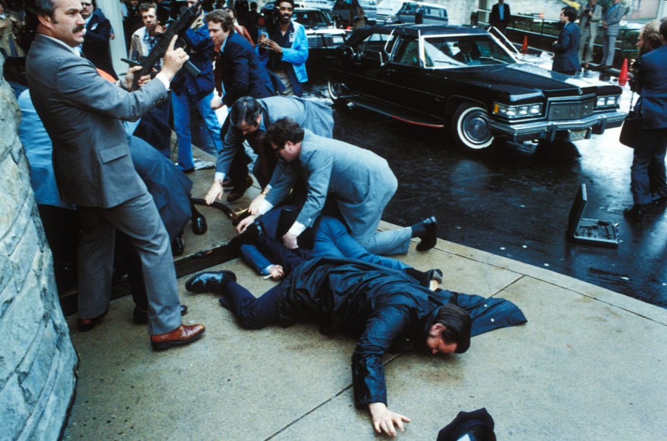 Dramatic scene . . . obsessed John Hinckley Jr injured the US President outside a Washington hotel