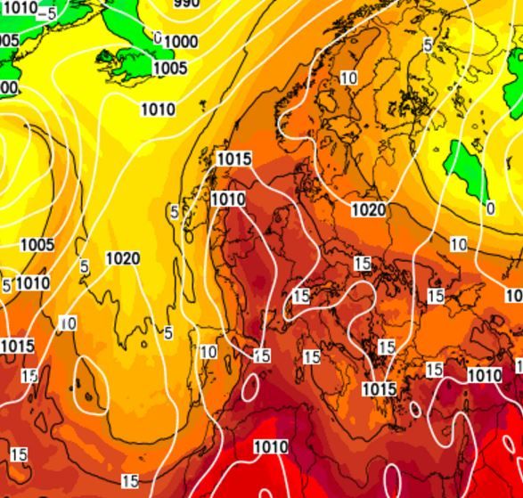Hot air from the continent, coloured dark orange, is shown billowing north to England and Scotland on Tuesday 