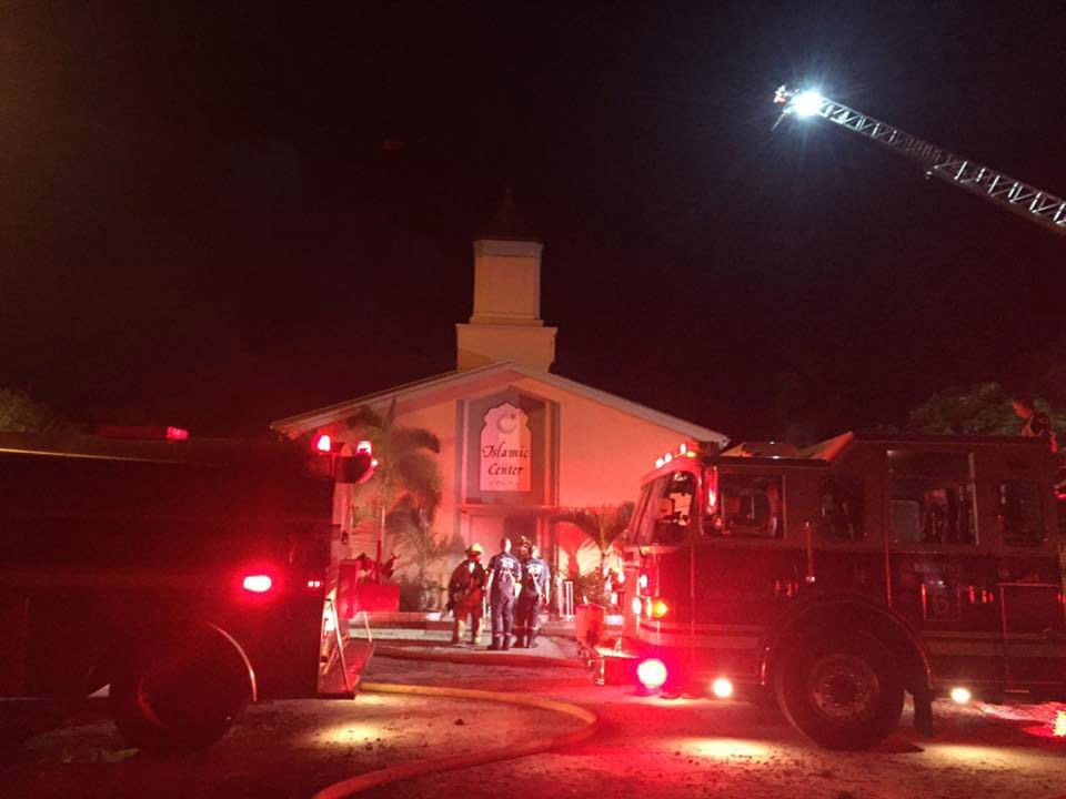 A photo from the scene shows emergency services working through the night as the mosque blaze raged