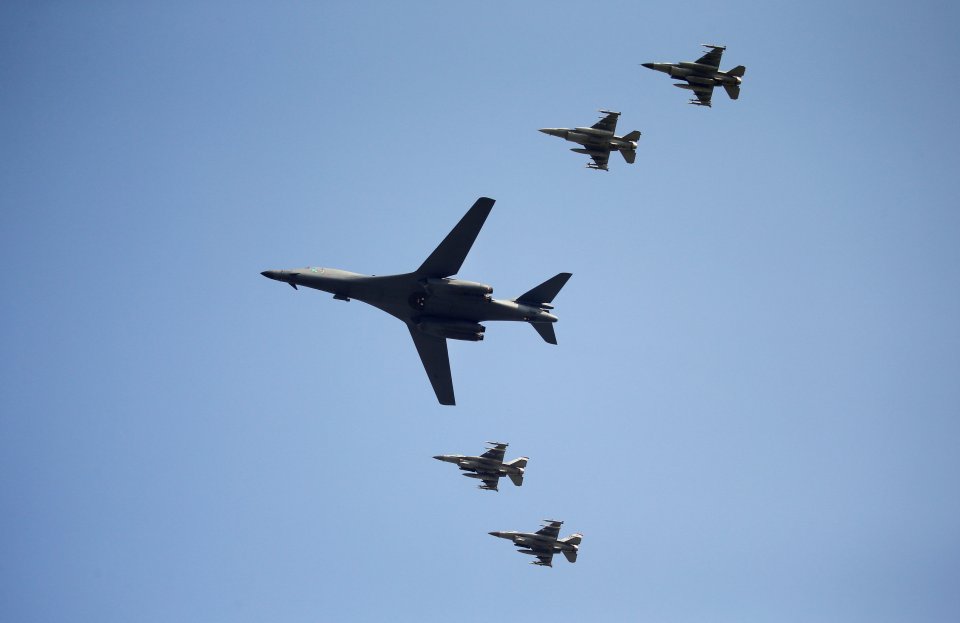 A U.S. Air Force B-1B bomber flies over Osan Air Base in Pyeongtaek