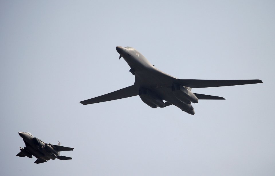 A U.S. Air Force B-1B bomber flies over Osan Air Base in Pyeongtaek