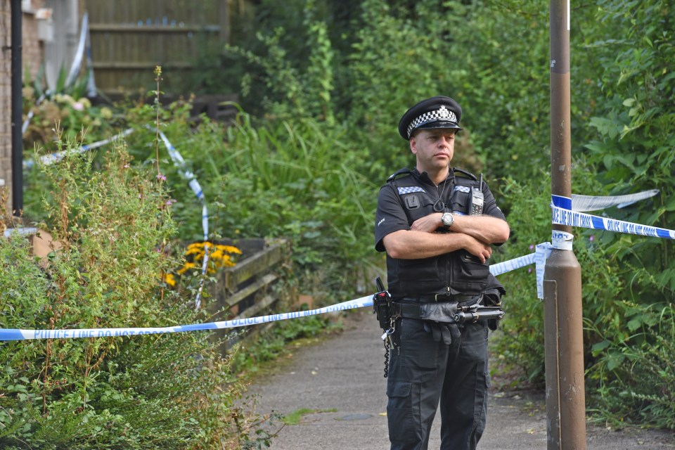 Police officers guard the scene with forensic officers combing the scene for clues