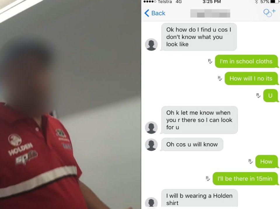 The "hunter" confronts the supposed paedophile at a shopping centre after a prolonged text conversation