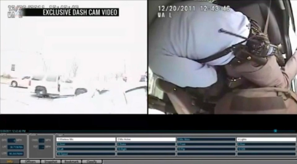 The leaked footage, is shot from two cameras inside Stockley's car - one showing the view through the windscreen and the other showing the rear seat