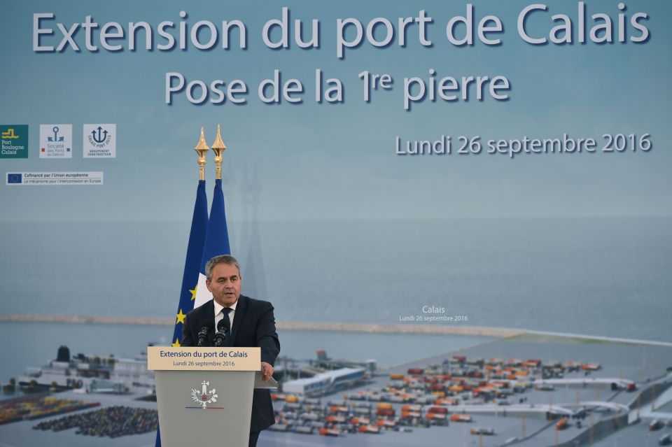 President of the French Hauts-de-France region Xavier Bertrand delivers a speech during a ceremony to mark the laying of the first stone of the extension of the port of Calais during the visit of President Francois Hollande