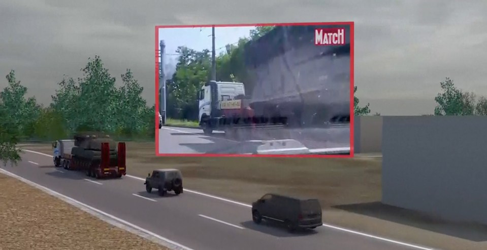 Another image of the truck travelling along a road was imposed onto a computer-generated image of the Ukraine-bound convoy