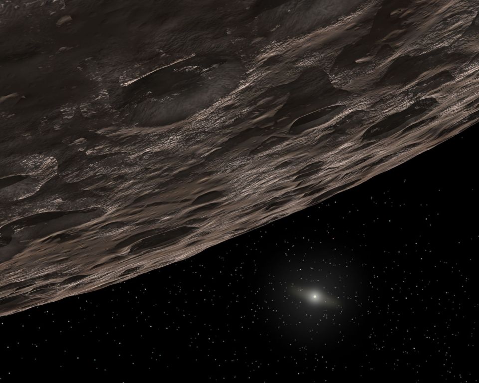 An artist's impression of a Kuiper belt dwarf world, with the sun shown in the distance