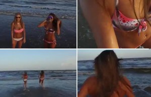 Shocking moment bikini-clad model is hit on the head by DRONE on beach photoshoot