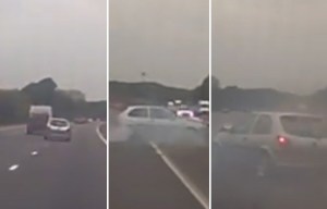 Moment Ford Fiesta nearly causes motorway pile-up by spinning out while swerving between lanes at high speed