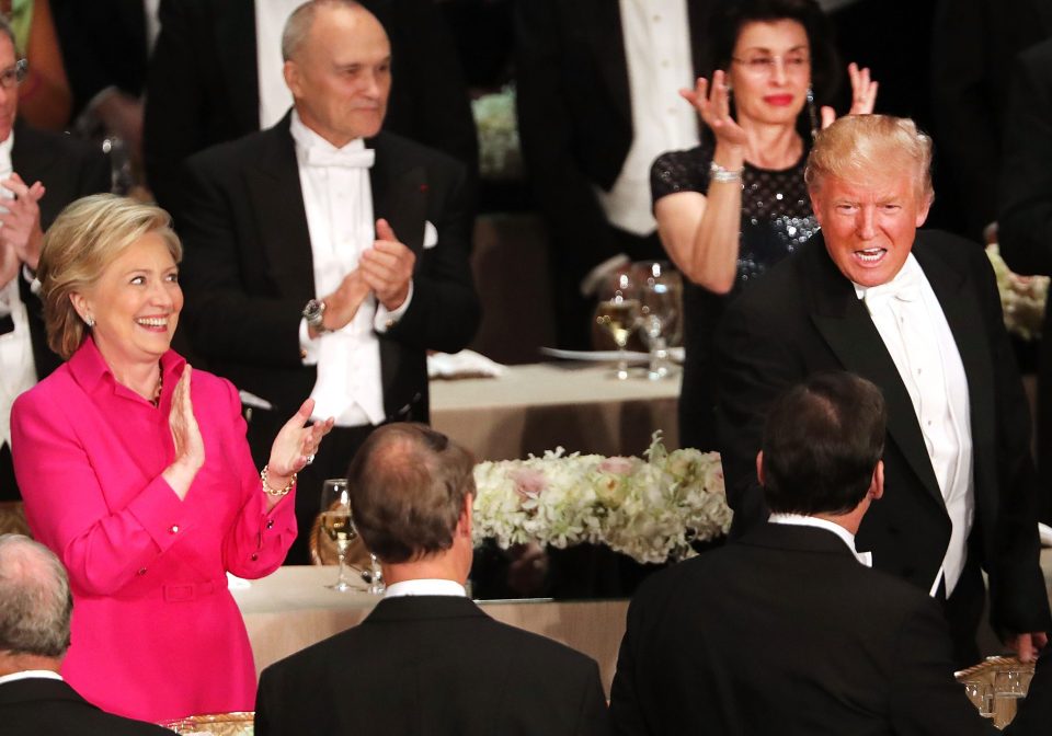 NEW YORK, NY - OCTOBER 20: Hillary Clinton and Donald Trump attend the annual Alfred E. Smith Memorial Foundation Dinner at the Waldorf Astoria on October 20, 2016 in New York City.The white-tie dinner, which benefits Catholic charities and celebrates former Governor of New York Al Smith, has been attended by presidential candidates since 1960 and gives the candidates an opportunity to poke fun at themselves and each other. (Photo by Spencer Platt/Getty Images)
