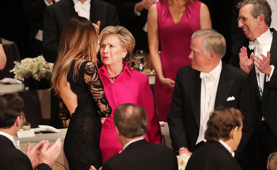 NEW YORK, NY - OCTOBER 20: Hillary Clinton speaks with Melania Trump while attending the annual Alfred E. Smith Memorial Foundation Dinner at the Waldorf Astoria on October 20, 2016 in New York City.The white-tie dinner, which benefits Catholic charities and celebrates former Governor of New York Al Smith, has been attended by presidential candidates since 1960 and gives the candidates an opportunity to poke fun at themselves and each other. (Photo by Spencer Platt/Getty Images)