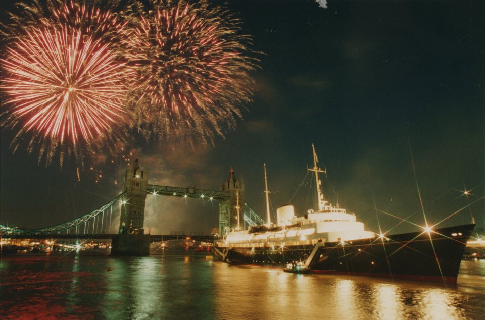 The Royal Britannia moored at Tower Bridge in 1994