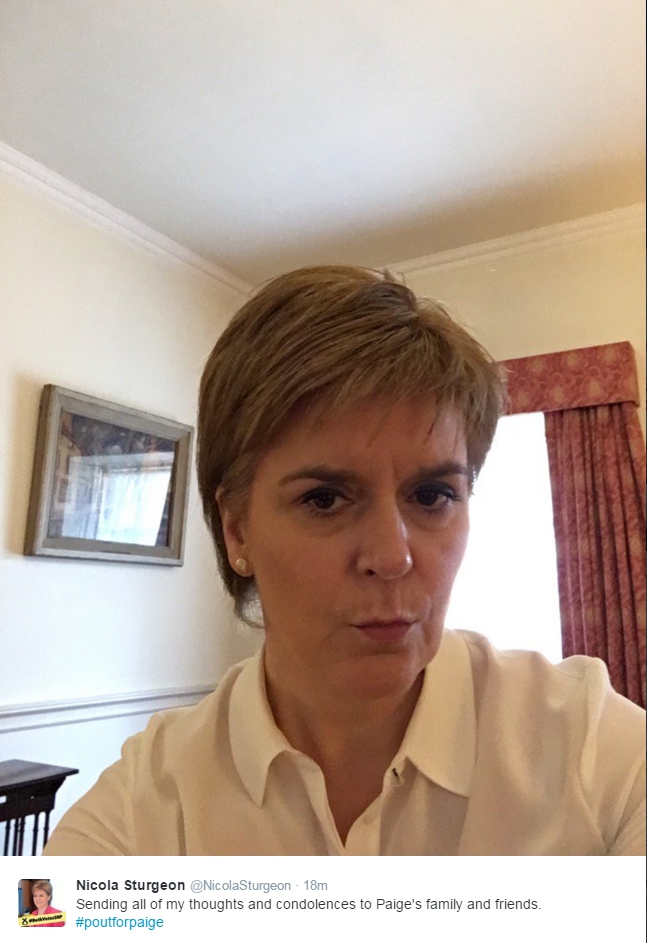 First Minister Nicola Sturgeon pouted for Paige to show support for the family of the murdered teen