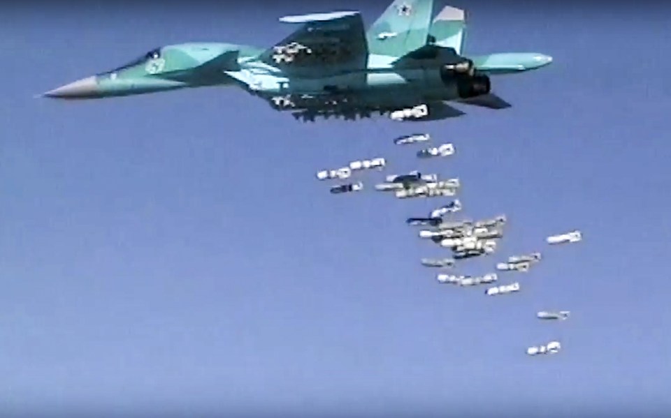 A Russian combat fighter bomber Su-34 flies during an air strike over Syria