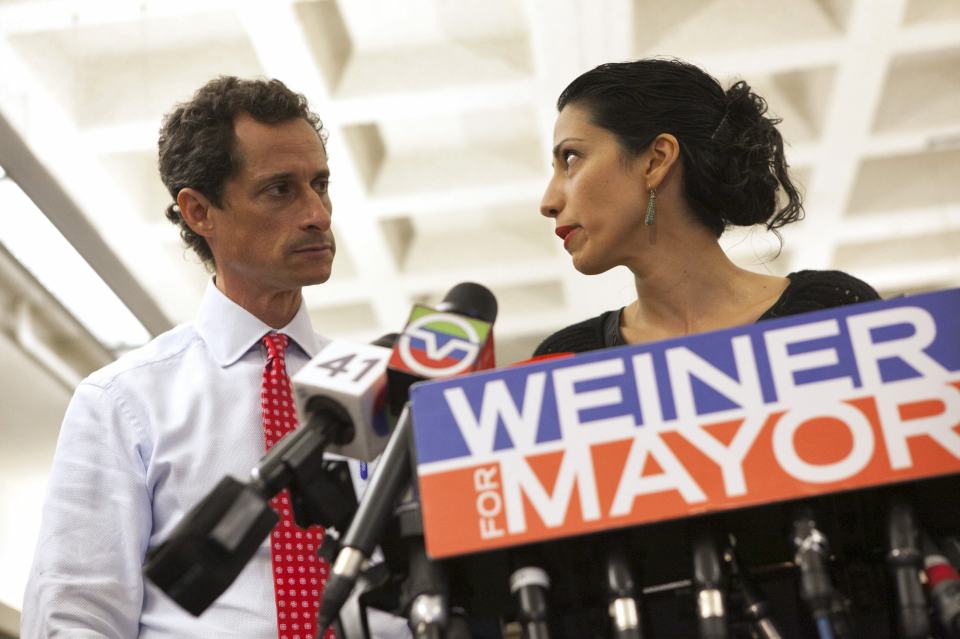 Mrs Clinton's aide Huma Abedin supported her husband Anthony Weiner during his failed campaign to become mayor of New York mayor in 2013