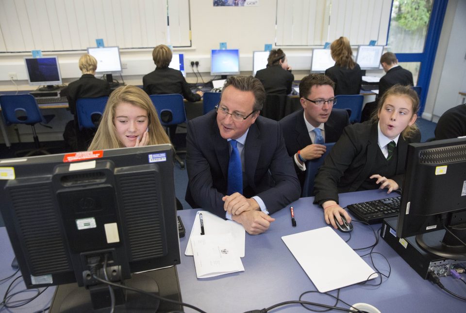 Cameron visits a community college in Witney with the Conservative candidate for his former seat