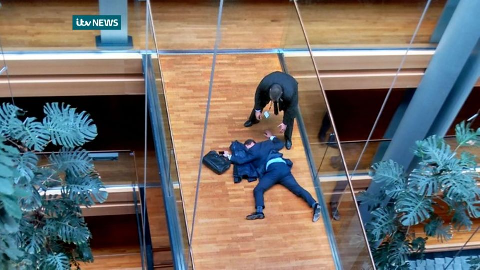 Steven Woolfe, lying face-down on a walk-way inside the European Parliament building in Strasbourg 
