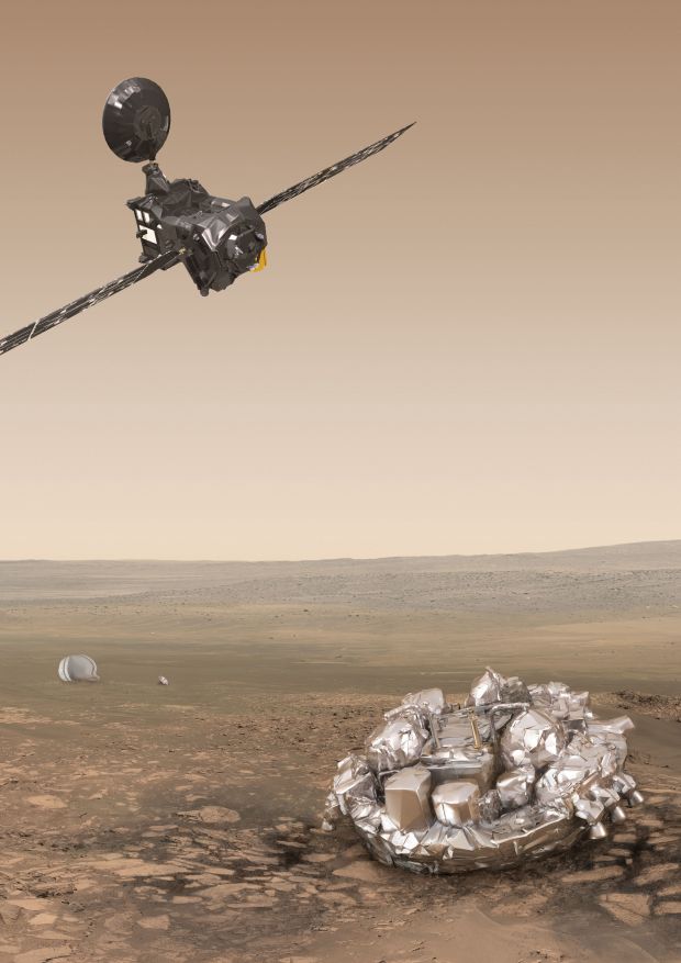 An artist's impression of the ExoMars 2016 Trace Gas Orbiter (top left) and Schiaparelli (bottom right) as the spacecraft reaches the Red Planet