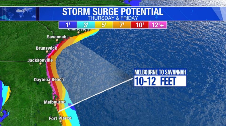 Storm surges up the east coast are expected to be as high as 12 foot