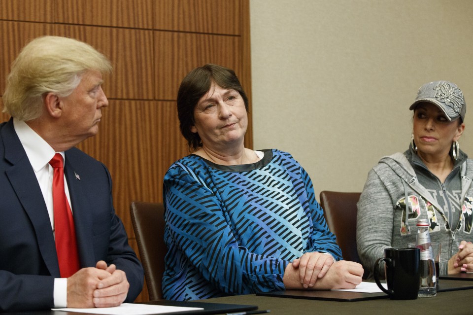 Donald Trump, left, and Paula Jones, right, look on as Kathy Shelton makes remarks before the second presidential debate