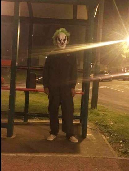 A clown standing at a bus stop in Abertysswg, Wales, was posted on a Facebook group for UK clown sightings