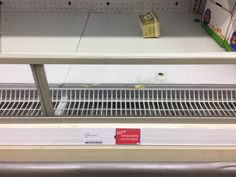A lone Flora butter product sits on the shelf at a Tesco store in Essex