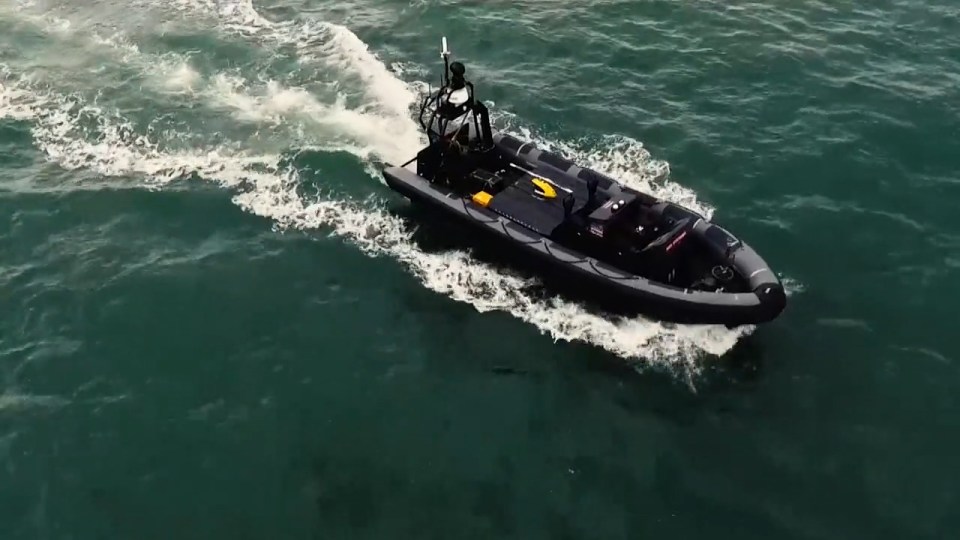 Cutting through the waves . . . drone boat in action